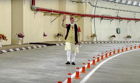 Prime Minister Narendra Modi during the inauguration of Atal tunnel world's longest highway tunnel in Manali Saturday Oct. 3 2020. (Photo | PTI, screenshot from livestream)
