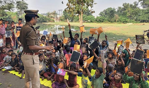 Ranjeet Singh Yadav had to work hard to gather these children as they were scared because of his uniform. (Photo | EPS)