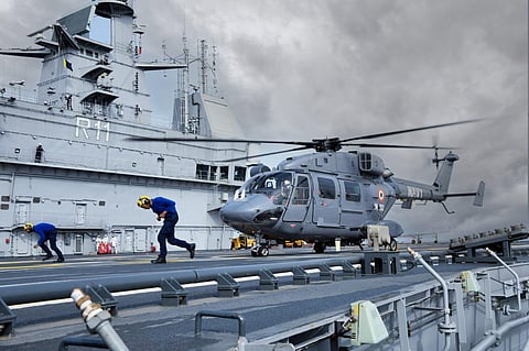 A Helicopter onboard the IAC during its sea trials (Photo | Indian Navy)