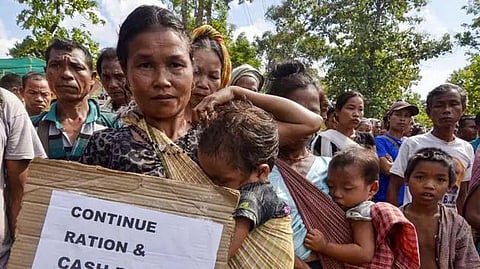 Bru refugees during a protest in Tripura’s Kanchanpur. (Photo | PTI)
