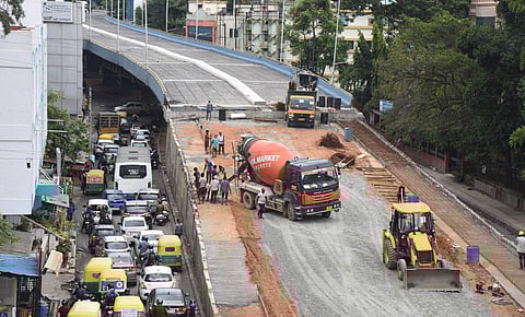 Work in progress at Shivananda Circle steel bridge which is likely to open on August 15, in Bengaluru. (Photo | Vinod kumar T, EPS)