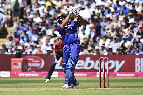 Rohit Sharma plays a shot during the first T20 international cricket match between England and India at Edgbaston in Birmingham. (Photo | PTI)