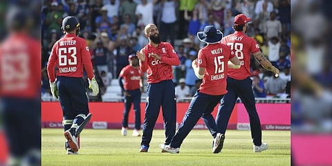 England team members celebrates after dismissing India's Suryakumar Yadav during the third T20 international cricket match,July 10, 2022. (Photo |AP)