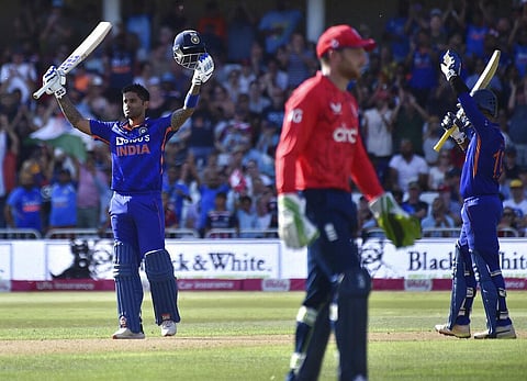 India's Suryakumar Yadav , left, celebrates after reaching a century during the third T20 international cricket match between England and India at Trent Bridge. (Photo | AP)