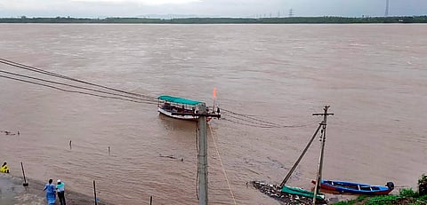 A swollen Godavari river following incessant monsoon rains, in Bhadrachalam, Telangana, on July 10, 2022. (Photo | PTI)