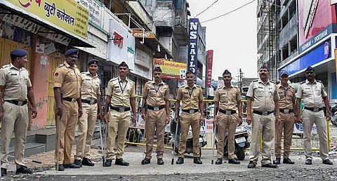 Police personnel deployed to maintain law and order after the killing of chemist Umesh Kolh on June 21, in Amravati, Monday, July 4, 2022. (Photo | PTI)
