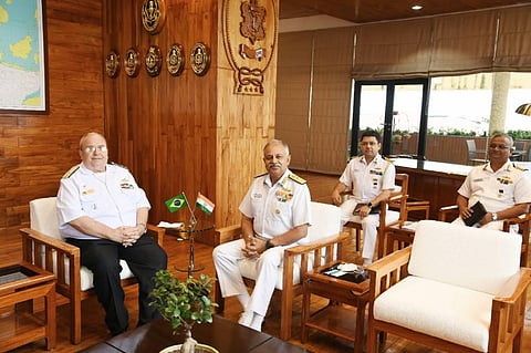 Vice Admiral Liberal Enio Zanaletto (L) during discussions with Vice Admiral AB Singh. (Photo | Special Arranagement)