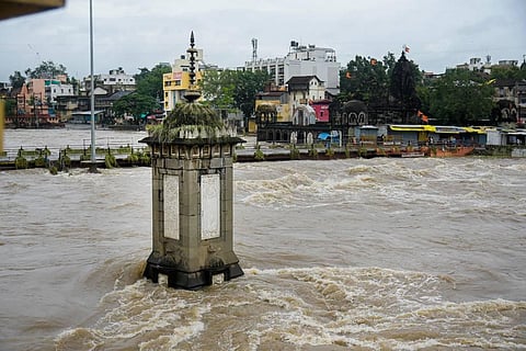 Godavari river in spate following monsoon rains in Nashik, Tuesday, July 12, 2022. (Photo | PTI)