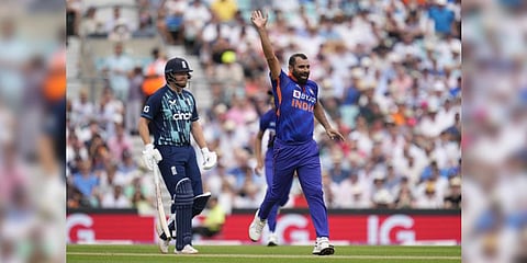India's Mohammed Shami, right, celebrates the dismissal of England's Ben Stokes during the first ODI match against England, July 12, 2022.(Photo | AP)