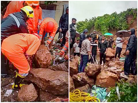 NDRF personnel carry out rescue and relief work after a landslide in Vasai, Maharashtra, following heavy rains. (Photo | PTI)