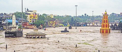 Temples submerged after rise in water level of Godavari river following release of water from Gangapur Dam, and monsoon rains in Nashik | pti