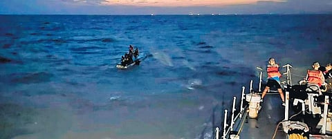 The six fishermen being rescued by the Indian Navy. (Photo| Special Arrangement)