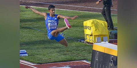 India's Murali Sreeshankar competes in the high jump event at the World Athletics Championships in Eugene(Photo | PTI)