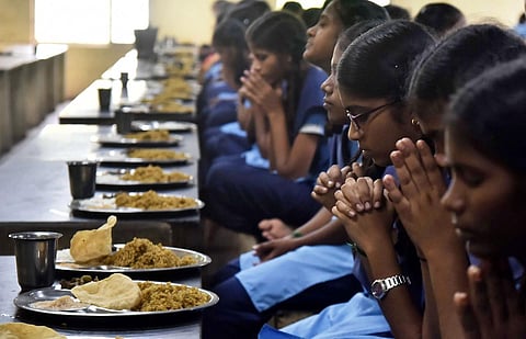 Students of Mahakavi Bharithiyar Higher Secondary School of Thirunilai village. (Photo | P Jawahar, EPS)