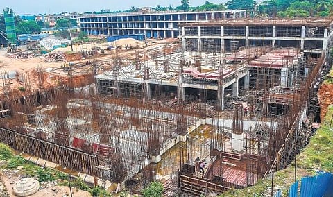 Construction work for new bus stand at Baramunda. (Photo | Express)