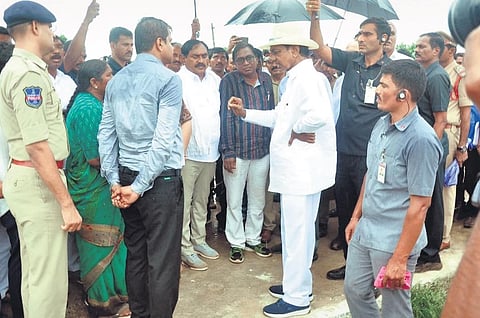 Chief Minister K Chandrasekhar Rao visits flood affected areas in Warangal on Sunday.(Photo | EPS)