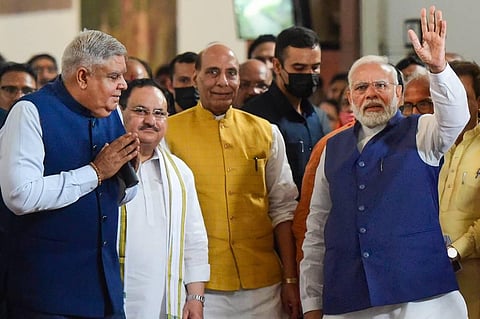 Vice-president Jagdeep Dhankhar with Prime Minister Narendra Modi, and other senior BJP leaders.