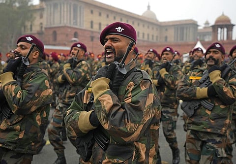 Indian army commandos practise march during the rehearsals for the upcoming Republic Day parade at the Raisina hills, the government seat of power, in New Delhi. (Photo | AP)