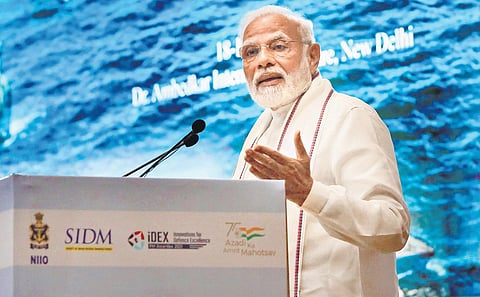PM Modi addresses a Navy seminar, ‘Swavlamban’, in New Delhi on Monday. (Photo | PTI)