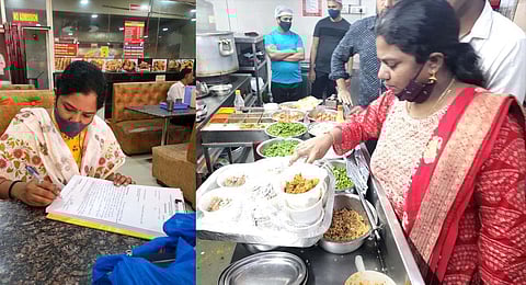 A GHMC food inspector checks the quality of food ingredients at a fast food joint in Hyderabad. (Photo | Express)