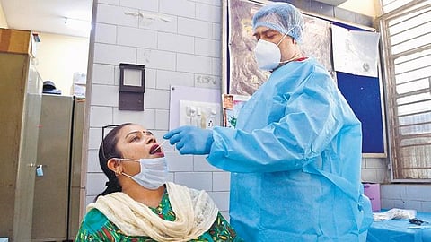 A health beneficiary takes a swab test in a government hospital | express