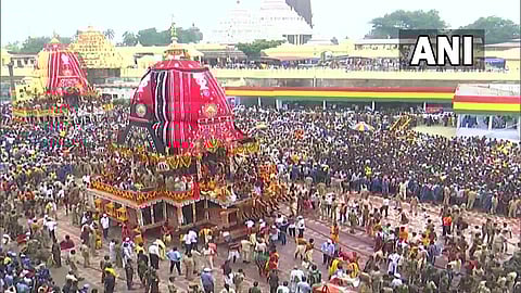 Lakhs of people reach Puri, Odisha to participate in the Jagannath Rath Yatra as chariot being pulled on Friday. (Photo | ANI Twitter)
