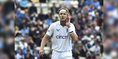 England's Stuart Broad reacts during the second day of the fifth cricket test match between England and India at Edgbaston in Birmingham.(Photo | AP)