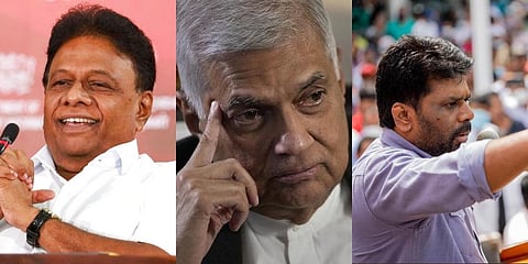 From left Dullas Alahapperuma, Ranil Wickremesinghe and Anura Kumara Dissanayake. (Photo| AP)