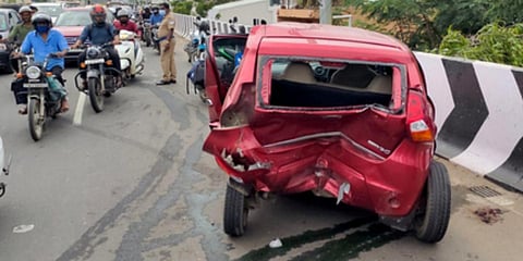 Two cars collided on Trichy Road flyover at Sungam on Wednesday. Inset: Mangled remains found on the road after the accident. (Photo| EPS)
