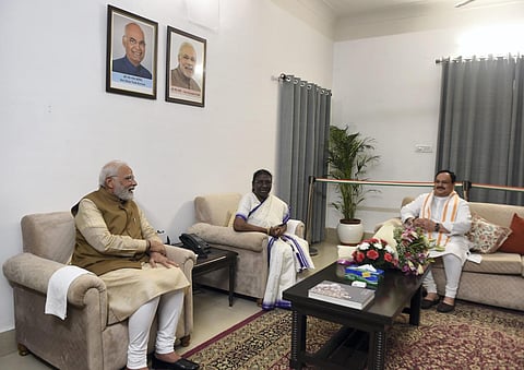 Prime Minister Narendra Modi and BJP National President JP Nadda with NDA Presidential candidate Droupadi Murmu, in New Delhi, on July 21, 2022. (Photo | PTI)