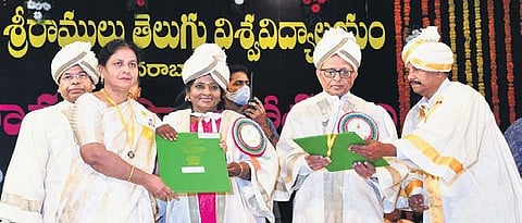 Governor Tamilisai Soundararajan presents degrees at the 15th convocation of Potti Sreeramulu Telugu University in Hyderabad on Wednesday | Express