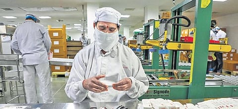 Pharmaceutical employees work at a manufacturing unit in Jammu. (File Photo | PTI)