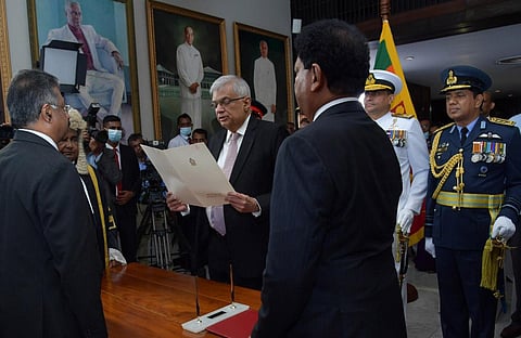 Sri Lanka's newly elected president Ranil Wickremesinghe taking oath during his swearing in ceremony in Colombo, Sri Lanka. (Photo | Special Arrangement)