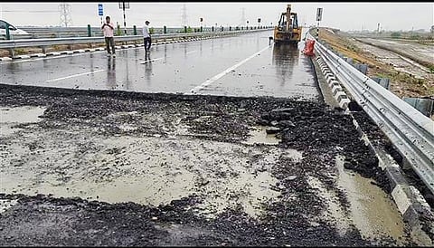 A damaged road on the Bundelkhand Expressway, in Jalaun, on July 21, 2022. (Photo | PTI)