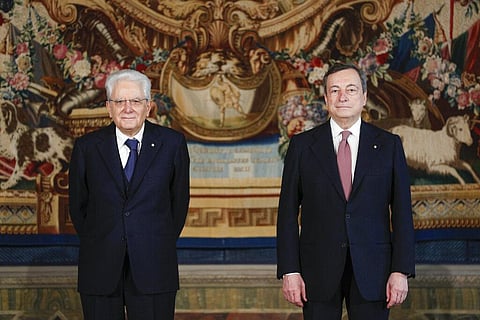 'Reformer Toppled': In this file picture dated 2021-02-13 Sergio Mattarella (L) pose with Mario Draghi (R) after the swearing-in ceremony, at the Quirinale Presidential Palace in Rome. (Photo |AP)