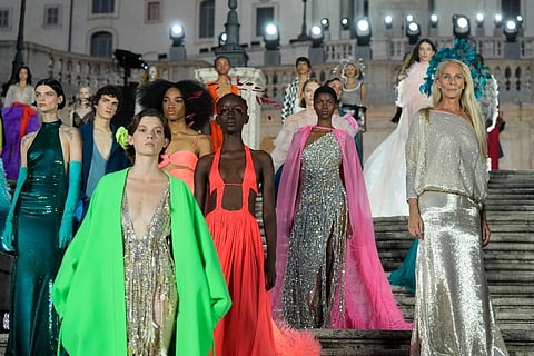Models wear creations as part of the Valentino women's Fall-Winter Haute Couture 2022-23 collection. (Photo | AP)