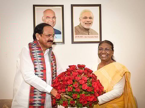 Vice President M. Venkaiah Naidu greets President-elect Droupadi Murmu, at her residence in New Delhi, Friday, July 22, 2022. (Photo | PTI)