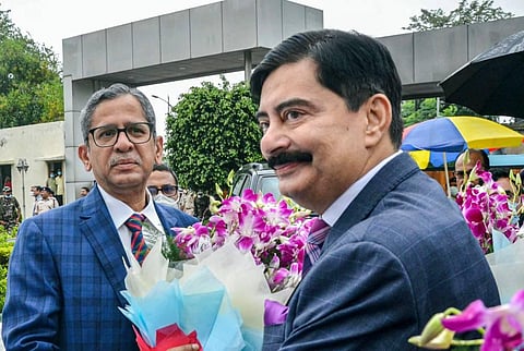 Chief Justice of India N.V. Ramana being greeted by Chief Justice of Jharkhand High Court Ravi Ranjan, during a programme for the inauguration of Sub-Divisional Courts. (Photo | PTI)