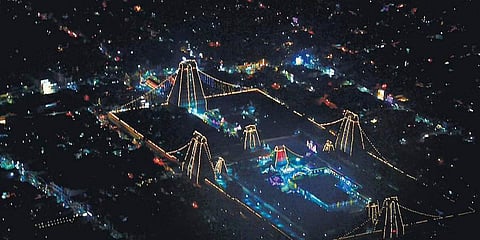 Annamalaiyar Temple dazzling with electric lights on the day of the festival of lights in Tiruvannamalai. (Photo | Special Arrangement)