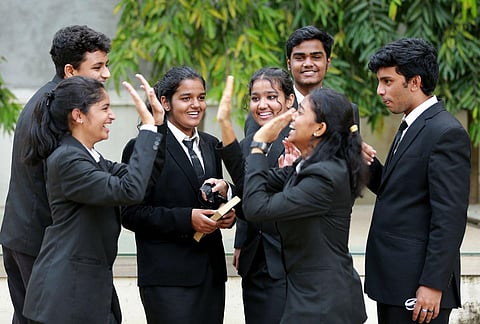 Students celebrating in Kochi after CBSE Class X examination results were announced on Friday. (Photo | T P Sooraj, EPS)