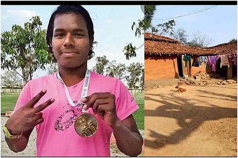 Jharkhand athlete Florance Barla (L) and her house which lacks a toilet. (Photo | EPS)