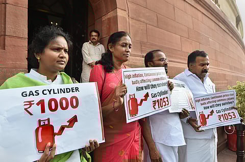 Congress MPs Manickam Tagore, TN Prathapan, Jothimani and Ramya Haridas after being suspended for rest of the session. (Photo | PTI)