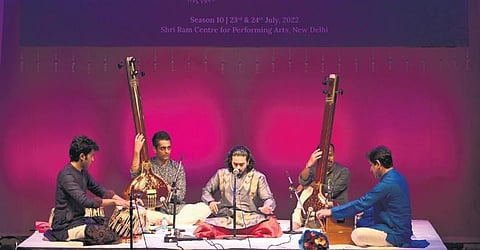 Gandhar Deshpande (centre)with Ishaan Ghosh on tabla and Vinay Mishra on harmonium
