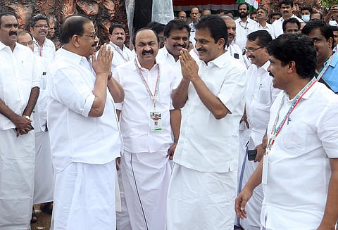 State Congress president K Sudhakaran greets AICC general secretary K C Venugopal at the inaugural venue of Navasankalp Chintan Shivir which began in Kozhikode. (Photo | E Gokul, EPS)