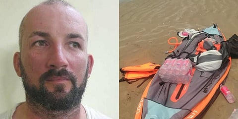 The arrested Polish national Władysław Franoszek Matuszewski and the kayak he used to land at Kodiyakarai in Nagapattinam district. (Photo| EPS)