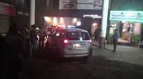 Mangalore police at the spot where students' farewell party was disrupted by a group of activists(Photo | Express)