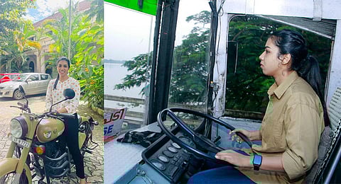 Ann Mary Ansalen a student from Ernakulam Law College drives the private bus named ‘Hey Day’ every Sunday through the Kakkanad-Perumbadappu road. (Photo | Express)