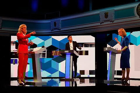 Liz Truss, right, and Rishi Sunak take part in the BBC Conservative Party leadership debate in Stoke-on-Trent, England. (Photo | AP)