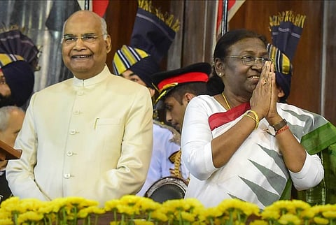 President Droupadi Murmu with the outgoing President Ram Nath Kovind during her oath ceremony in the Central Hall of Parliament, in New Delhi. (Photo | PTI)