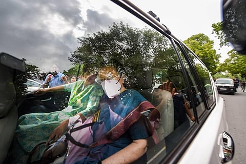 Congress President Sonia Gandhi with party General Secretary Priyanka Gandhi Vadra arrives to appear before the Enforcement Directorate. (Photo | PTI)